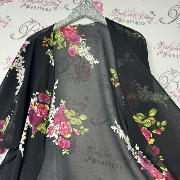 Floral cardigan sheer black pink red green flowers 💐 light weight kimono 👘 - Picture 3 of 5